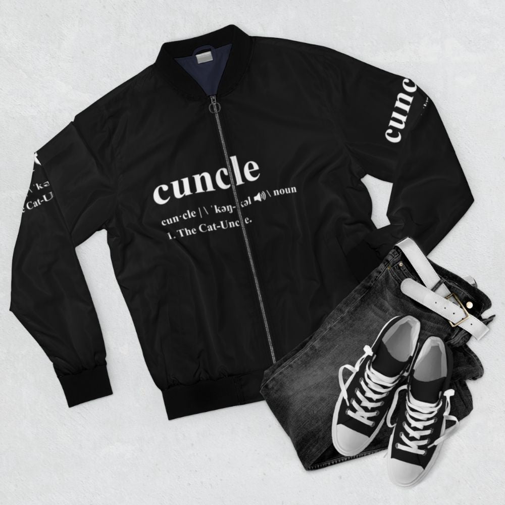 Cat Uncle Cuncle Bomber Jacket with Funny Cat and Uncle Design - Flat lay