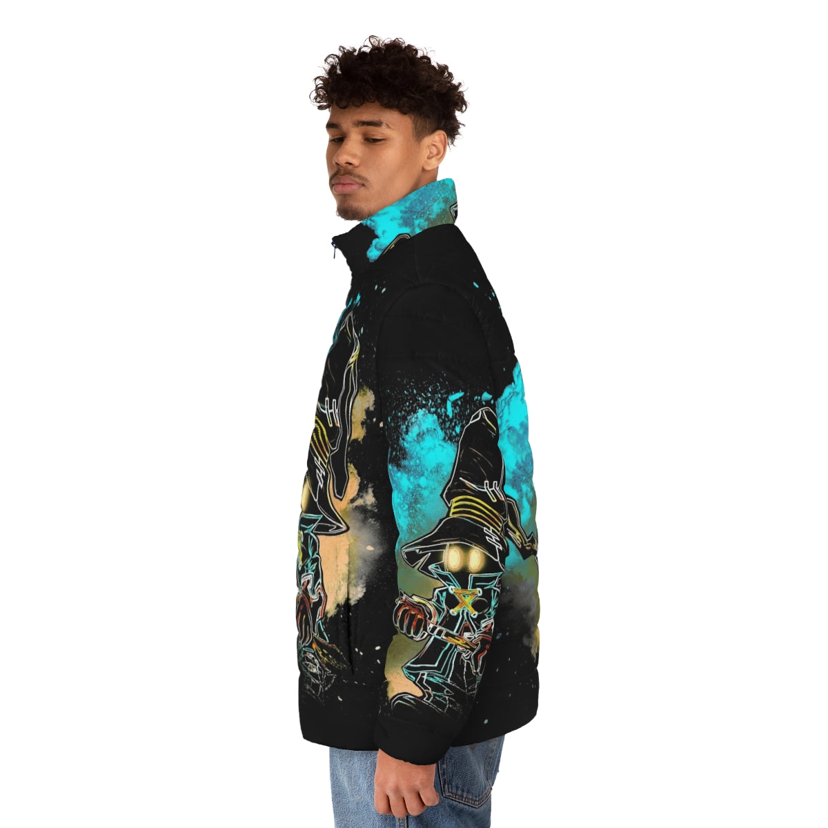 A stylish puffer jacket featuring a negative silhouette design of a Black Mage from the Final Fantasy video game series. - men side left