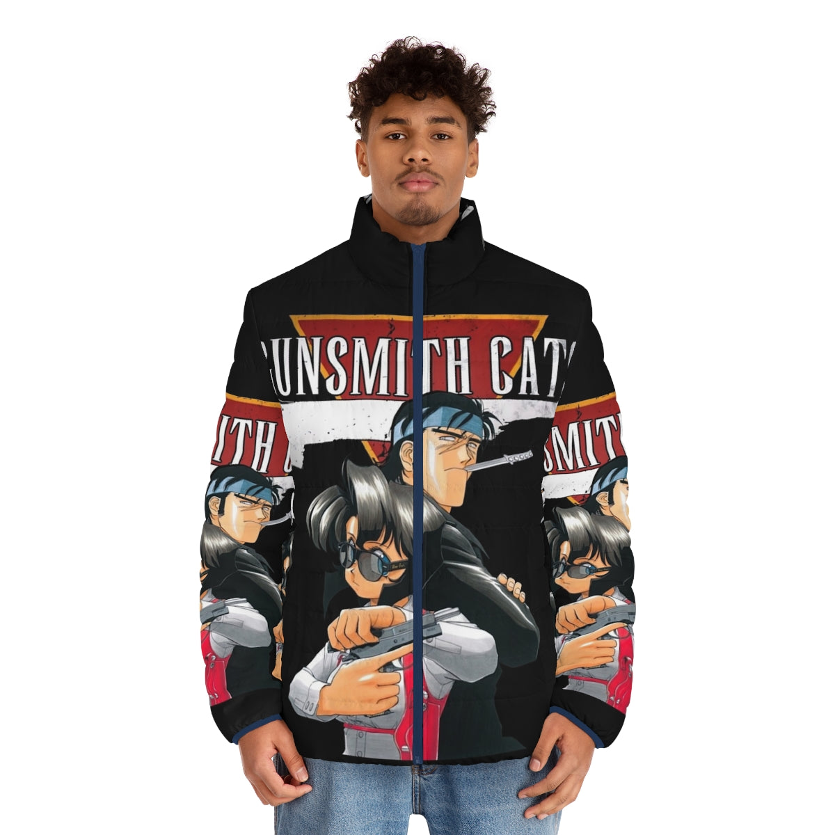 Vintage Gunsmith Cats anime puffer jacket with 90s Japanese manga inspired design - men front