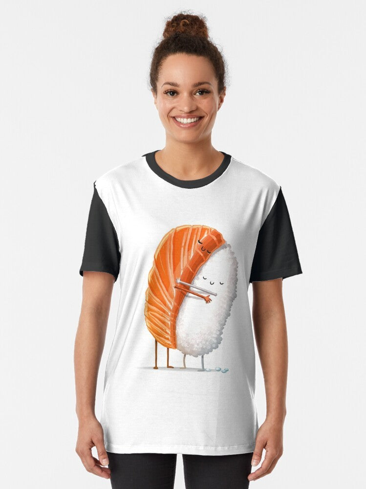 Sushi hug graphic t-shirt with cute design for sushi and anime lovers - Women