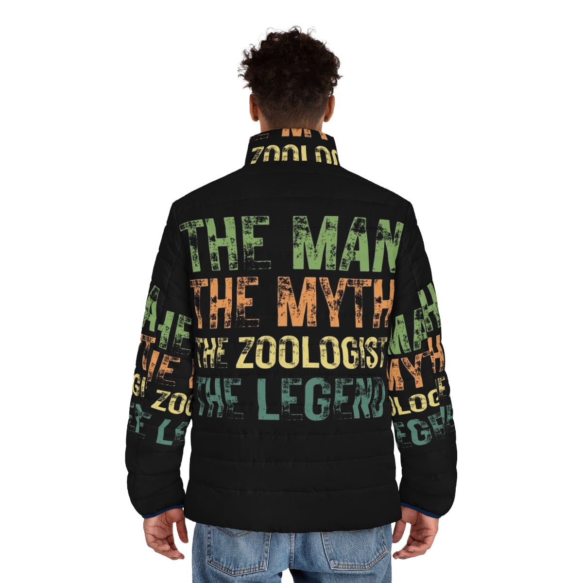 Legendary zoologist wearing a cozy puffer jacket in a natural setting - men back