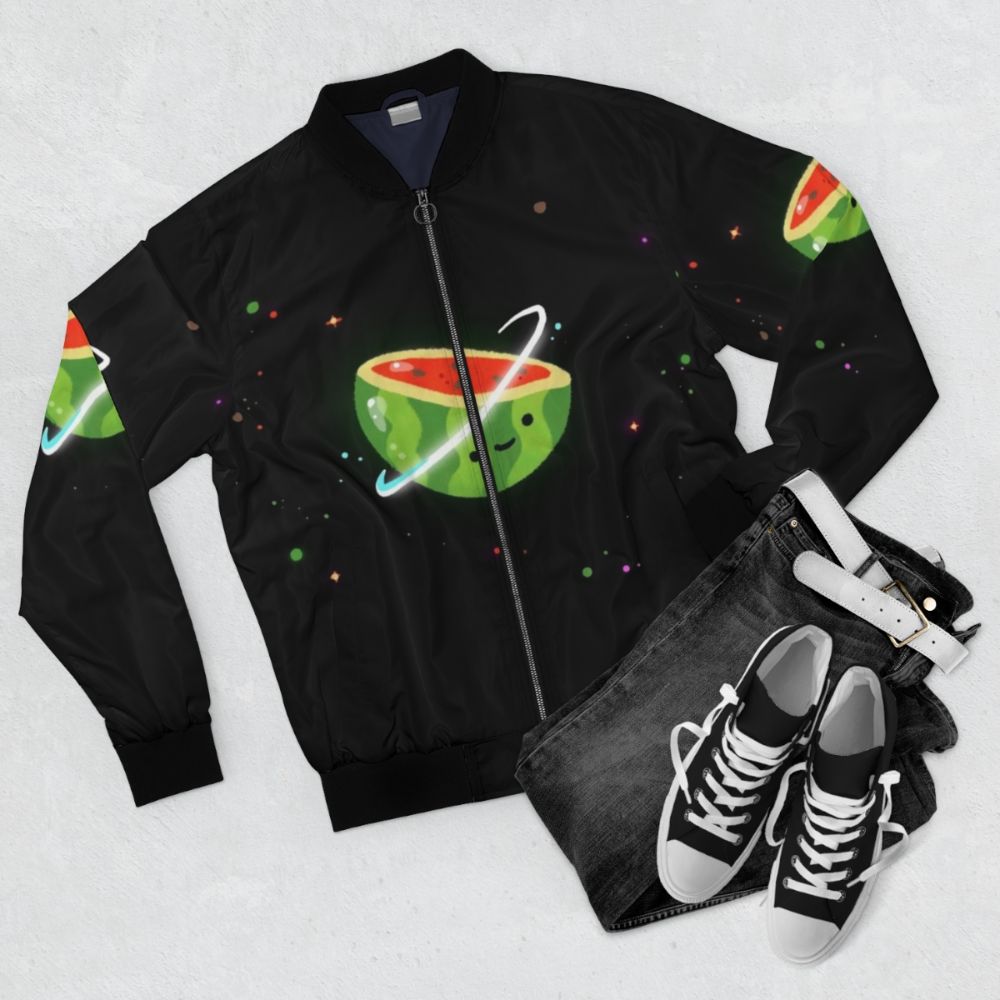 Spacemelon Kawaii Bomber Jacket with Watermelon and Star Designs - Flat lay