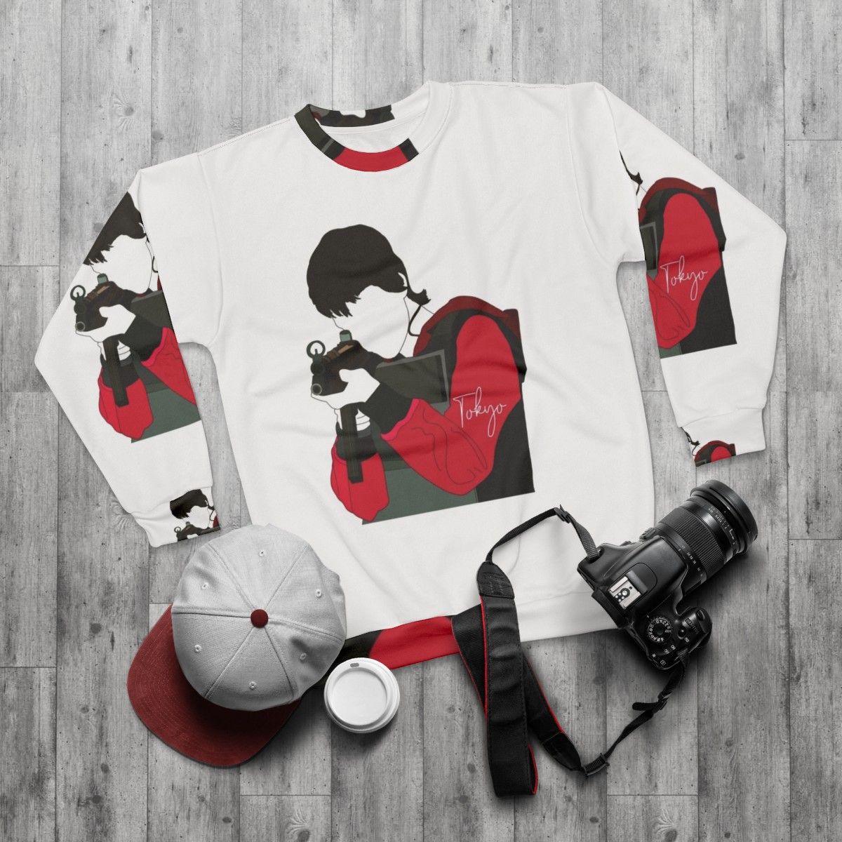 Money Heist Tokyo Sweatshirt featuring key characters from the Netflix series - flat lay