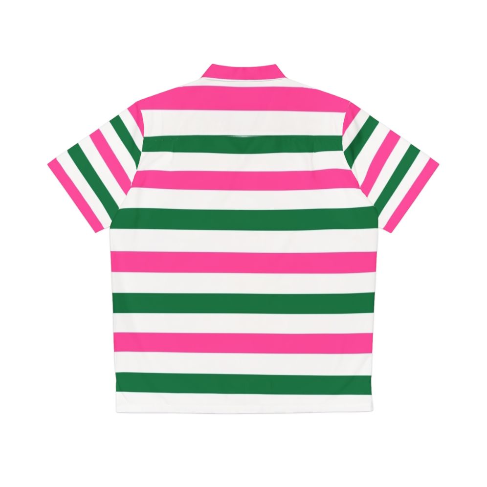 Retro deckchair stripes Hawaiian shirt in forest green and pink - Back