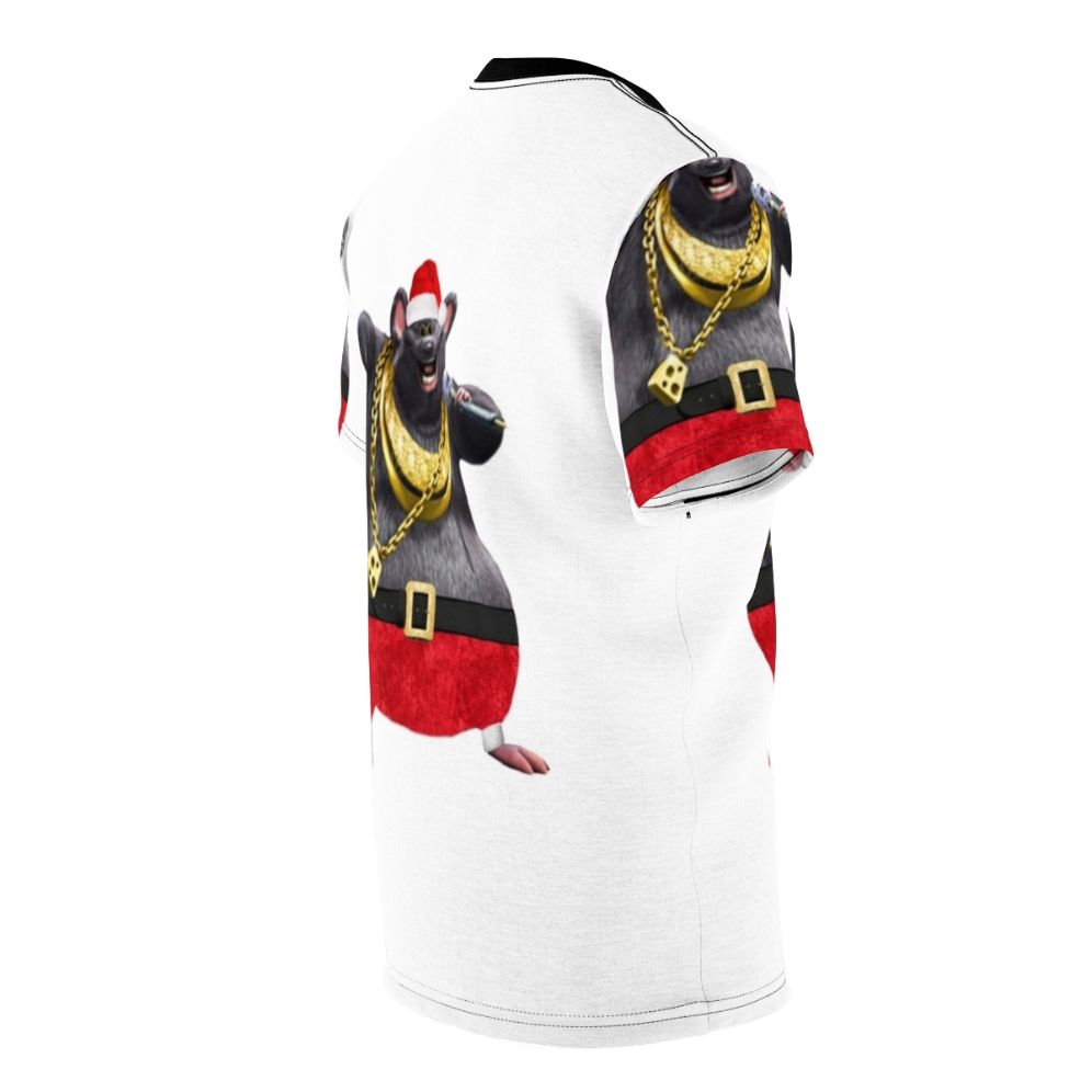 Whimsical illustration of Biggie Cheese character in a Christmas-themed design on a t-shirt - men right