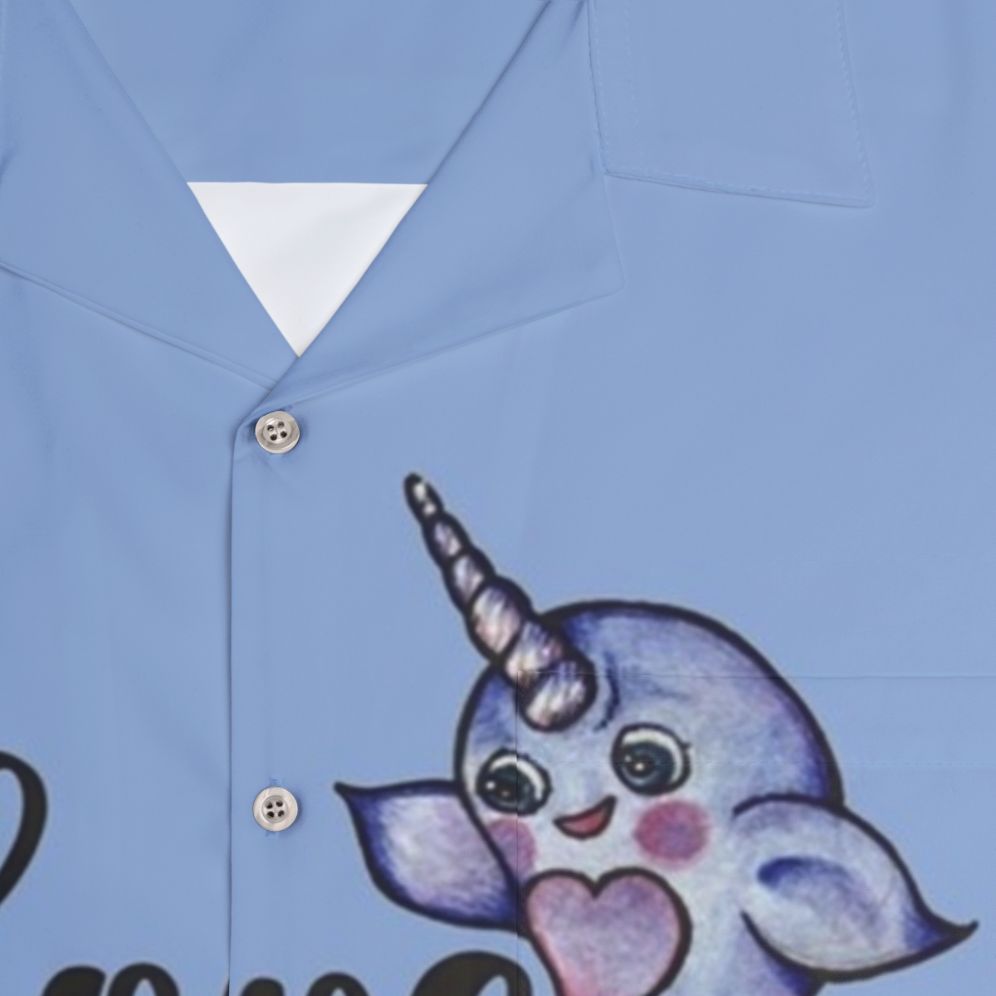 Colorful "I Love Narwhals" Hawaiian shirt featuring cute narwhal design - Detail