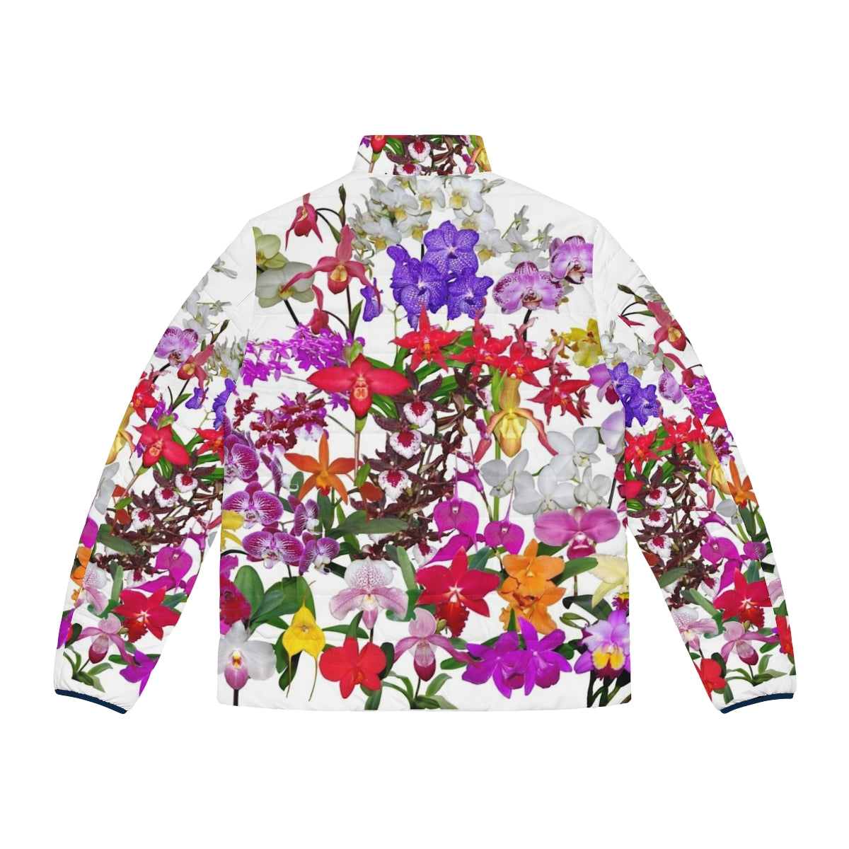 Orchid puffer jacket featuring vibrant orchid flowers in a digital photography design - Back