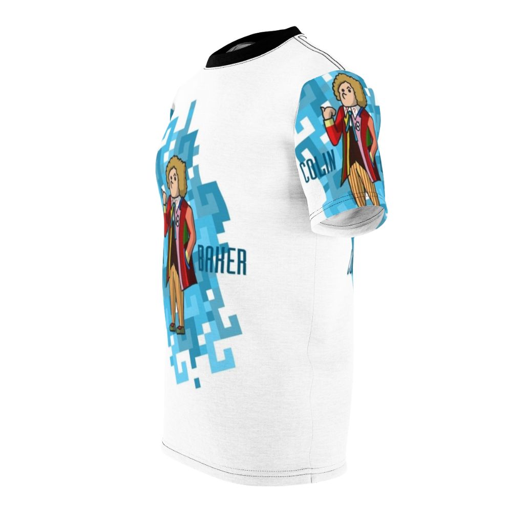 Retro illustration of the Sixth Doctor from Doctor Who on a t-shirt - men left