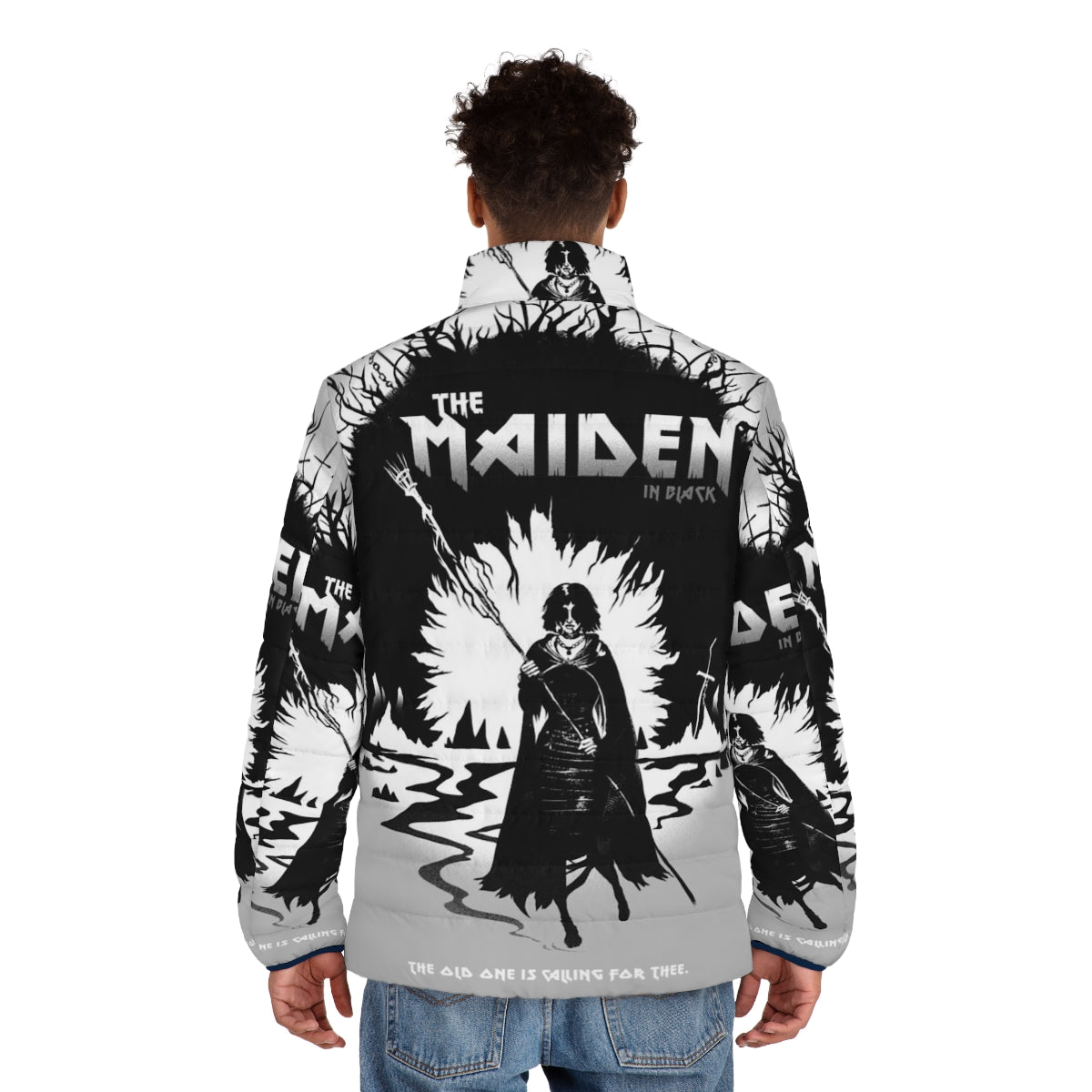 Dark Souls inspired Maiden in Black puffer jacket with video game fashion design - men back