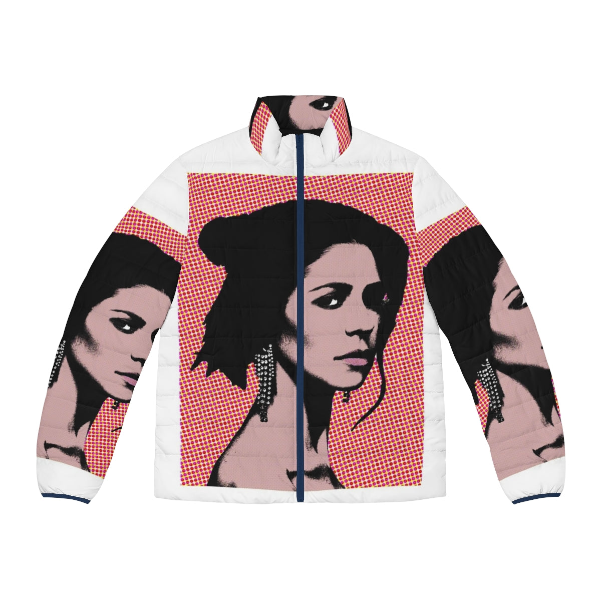 Vibrant marina pop art puffer jacket with electra heart and love and fear design