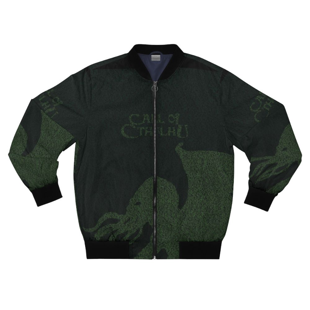 Cthulhu-inspired bomber jacket with horror text design