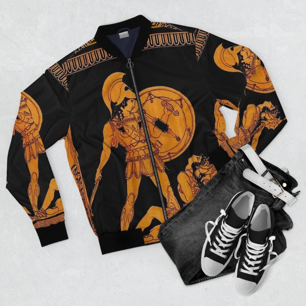 Colorful bomber jacket with ancient Greek gods and goddesses frieze print design - Flat lay