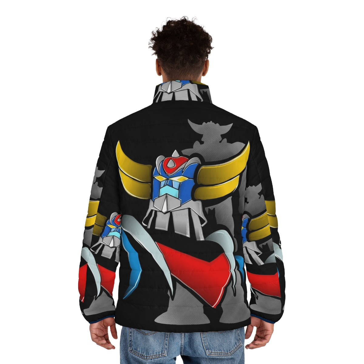 Vintage Goldorak Grendizer Puffer Jacket featuring retro anime mecha design - men back