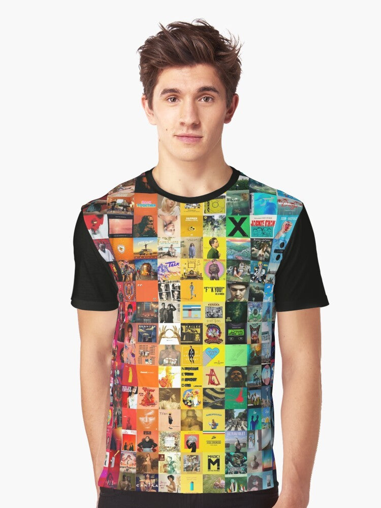 Colorful graphic t-shirt featuring a vibrant music tapestry design, perfect for music lovers and those with an aesthetic sense. - Men