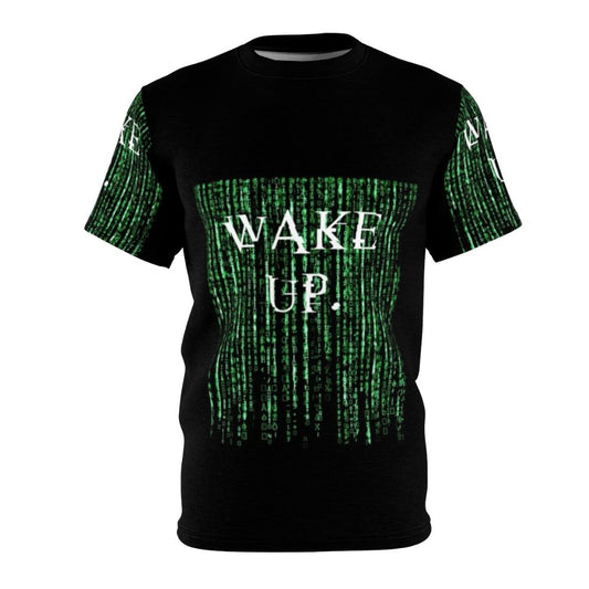 Unisex t-shirt with a matrix-inspired "wake up" design