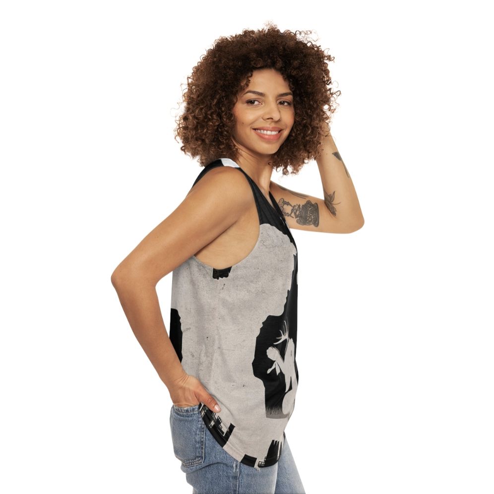 True Detective Unisex Tank Top with Minimalist Spiral Design - women side