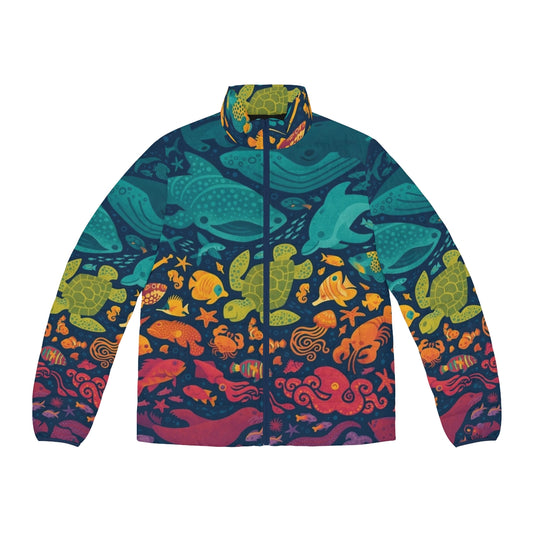 Colorful aquatic spectrum puffer jacket with vibrant ocean-inspired design