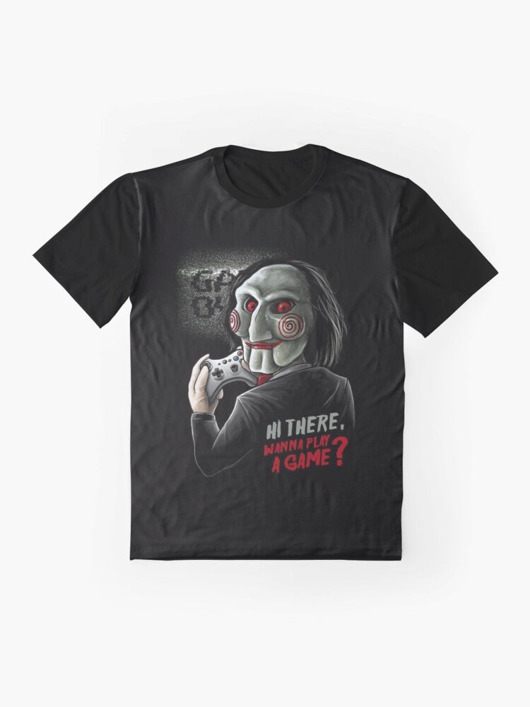 "Wanna Play a Game?" Saw-inspired graphic t-shirt featuring Jigsaw from the classic horror movie franchise - Flat lay