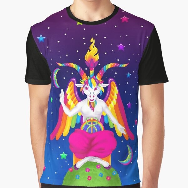 1990s neon rainbow graphic t-shirt with baphomet design