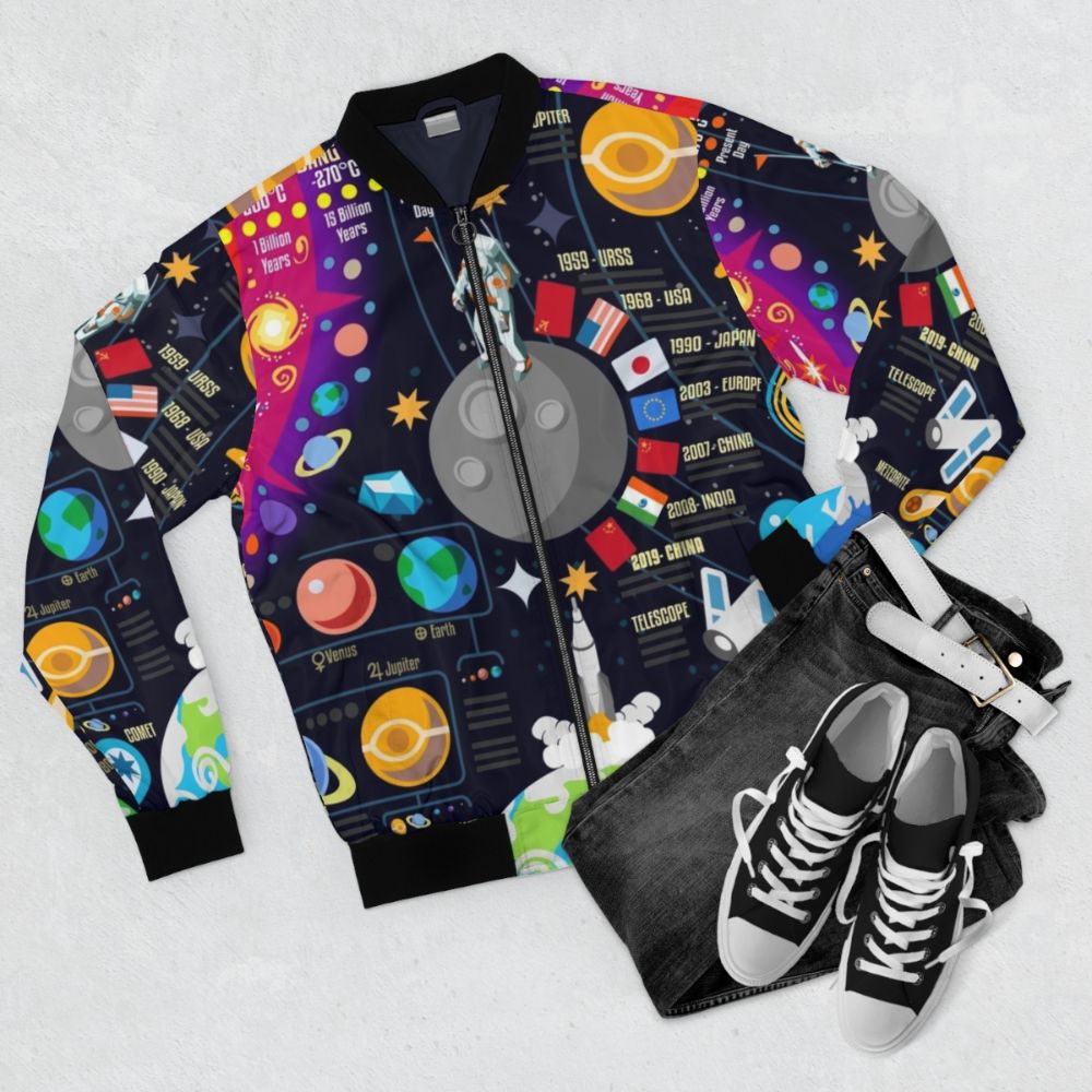 A bomber jacket featuring a vibrant space and universe infographic design, including planets, stars, and the big bang. - Flat lay