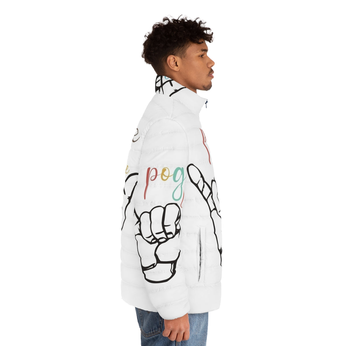 Retro puffer jacket with pop art design inspired by Outer Banks Netflix series - men side right