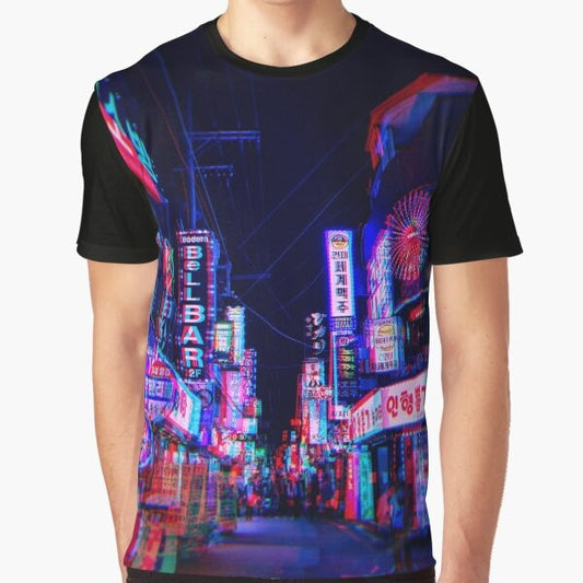 LSD Nights Graphic T-Shirt featuring an urban, trippy, neon-lit cityscape design