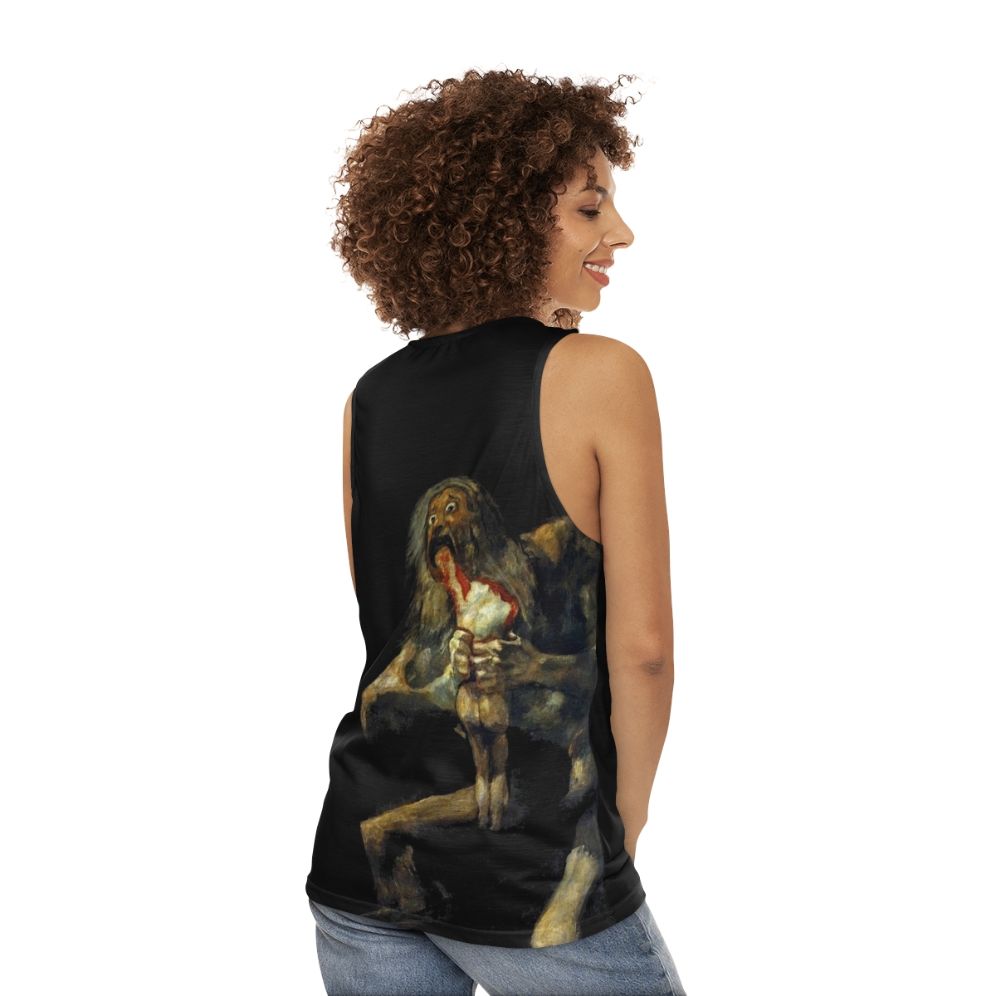 Unisex tank top featuring the mythological figure of Saturn devouring his son - women back