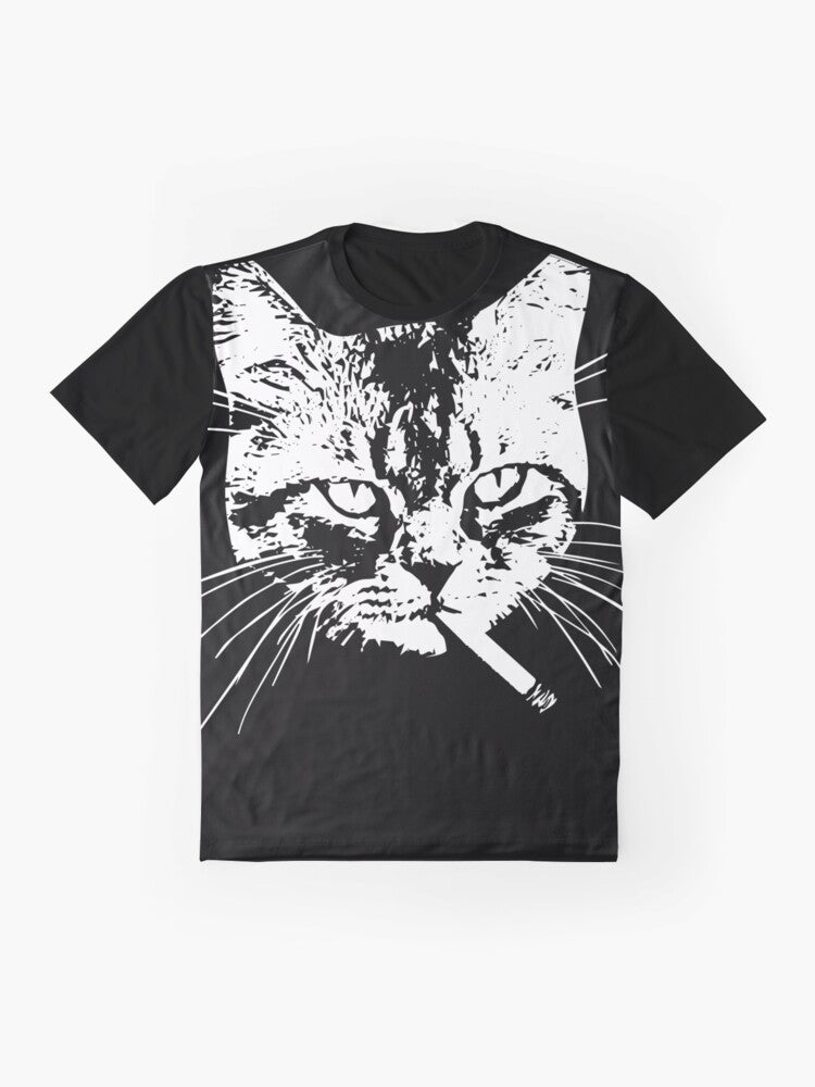 Tabby cat smoking a cigarette graphic design on a t-shirt for pastel goth and occult enthusiasts. - Flat lay