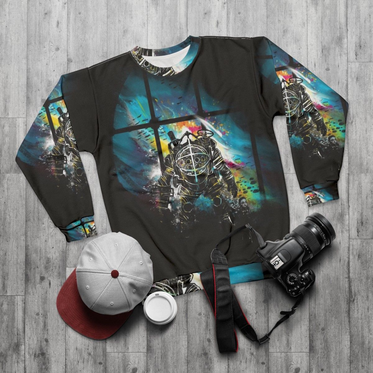 Mr Bubbles Bioshock Sweatshirt featuring a watercolor design of the iconic Big Daddy - flat lay