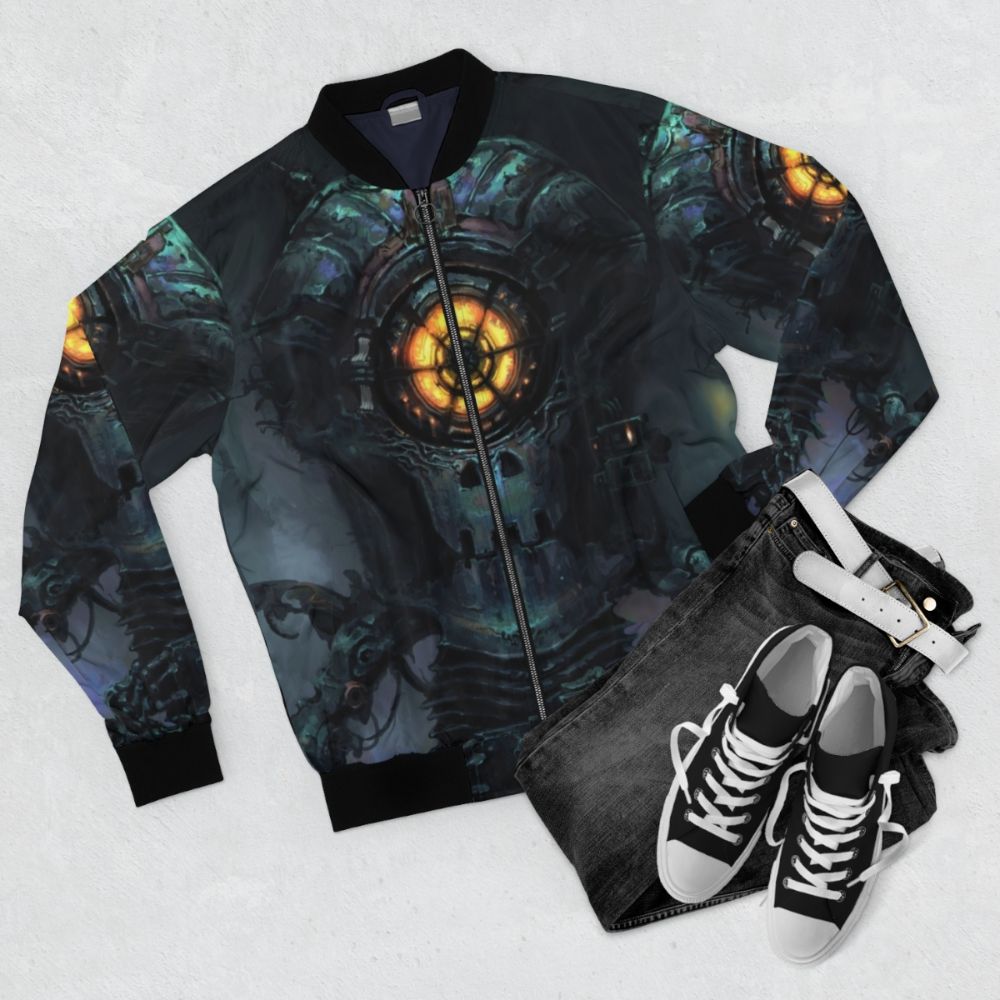 Inscryption bomber jacket featuring game art of a robot cyclops - Flat lay