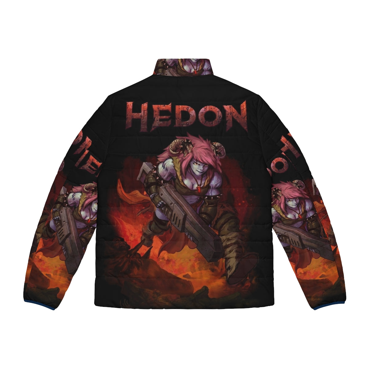 Hedon Zan fantasy puffer jacket with retro splash cover art design - Back