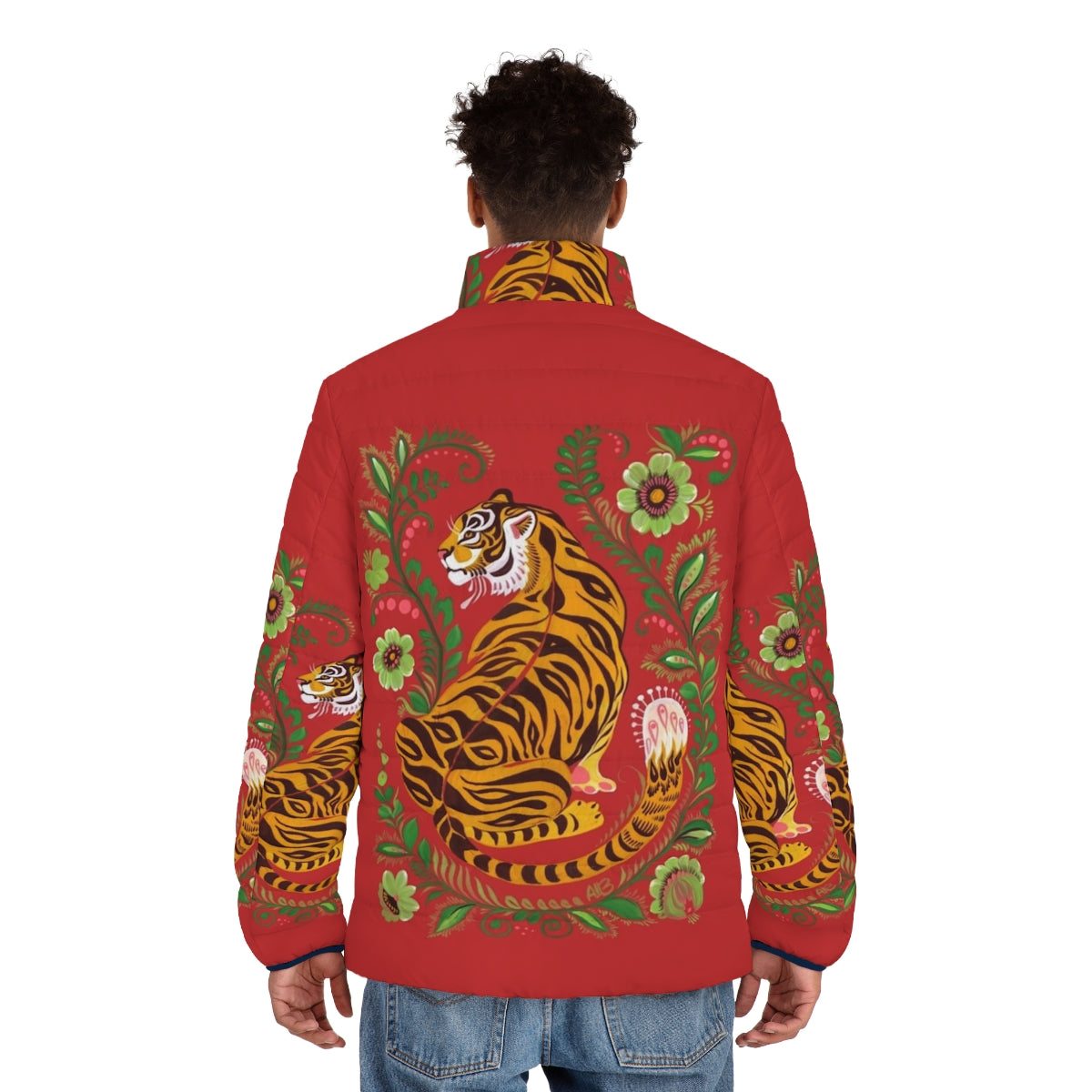 Tiger Folk Art Puffer Jacket with Decorative Wildlife Design - men back