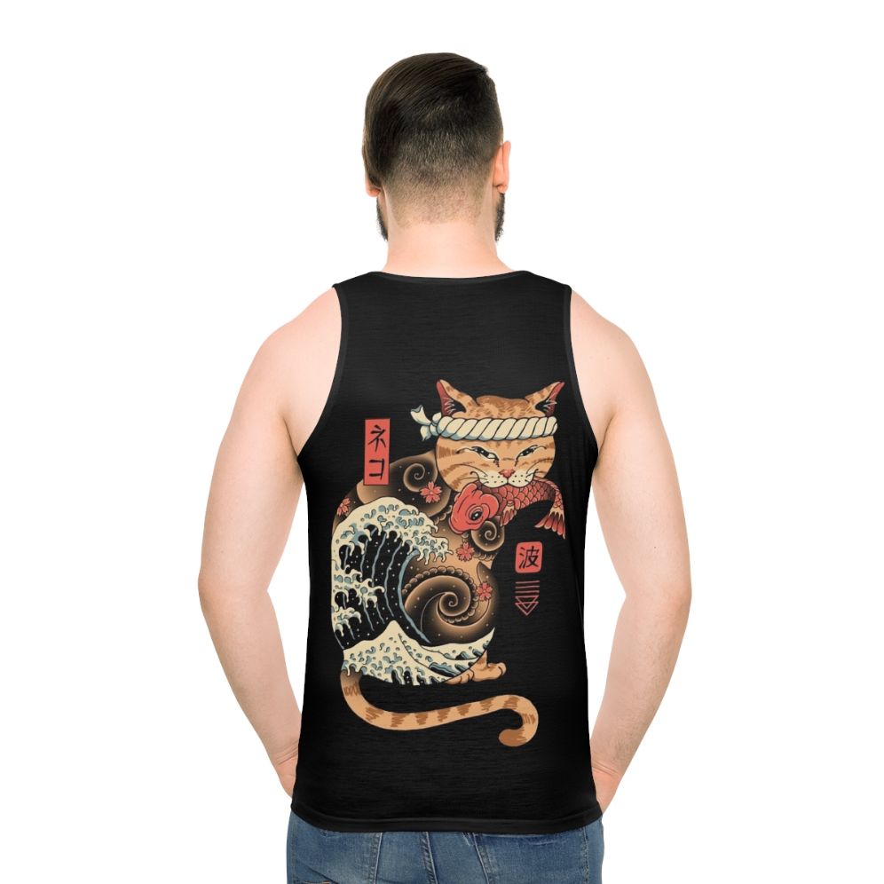 Catana Wave Unisex Tank Top featuring a cat design inspired by the Great Wave off Kanagawa - men back