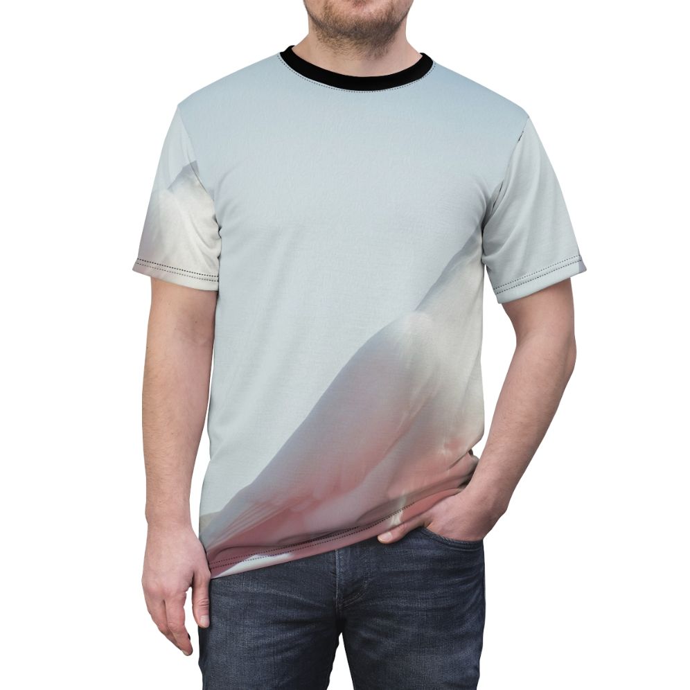 Elegant white dove bird graphic on a high-quality t-shirt for nature and animal enthusiasts. - men front