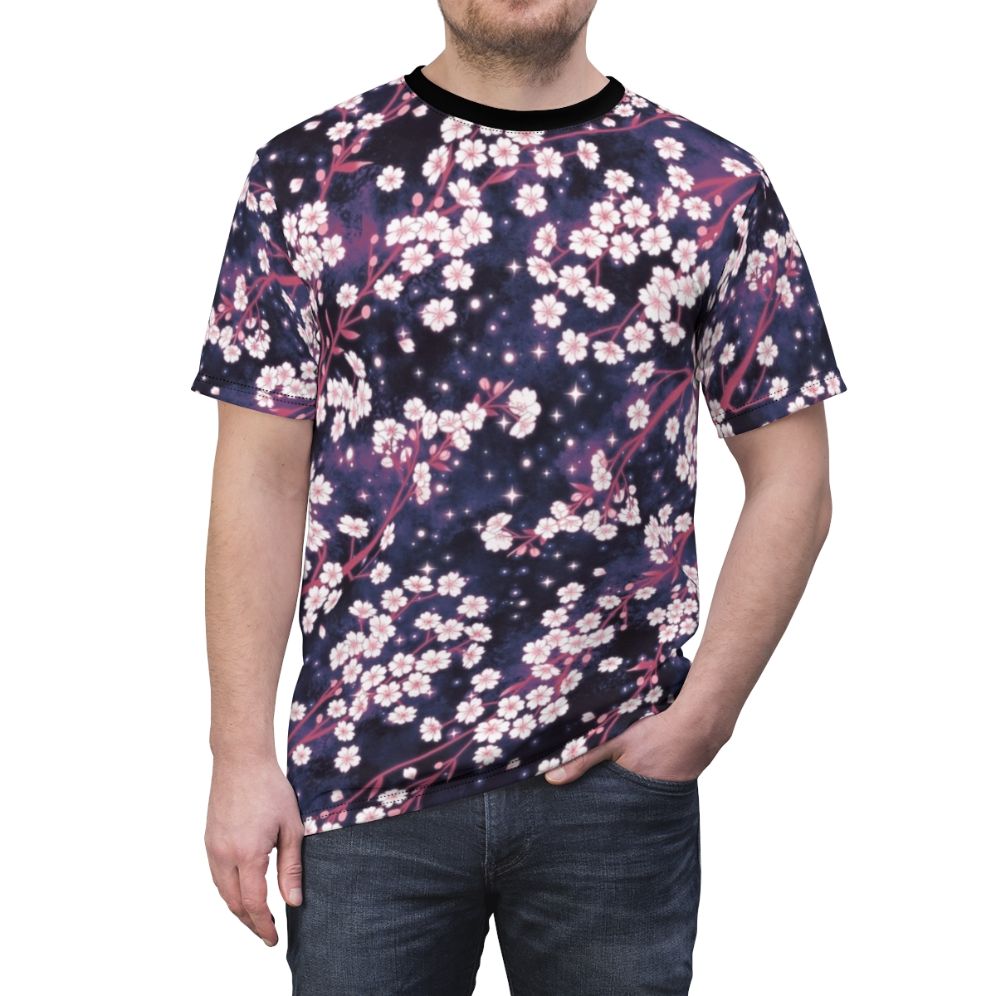 Vibrant t-shirt featuring a stunning sakura galaxy pattern with shimmering stars and petals. - men front