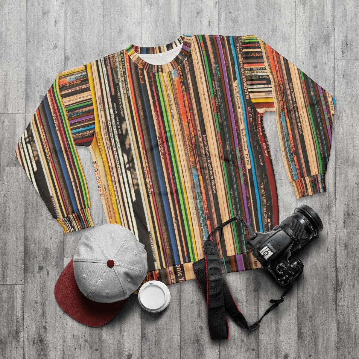 Vinyl Collector Sweatshirt featuring a turntable and record collection design - flat lay