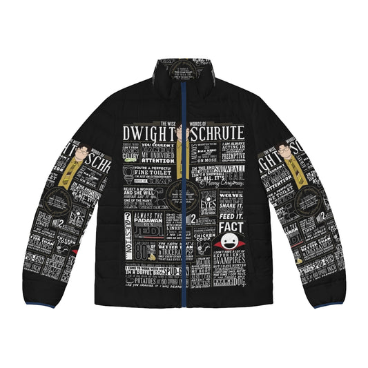 Dwight Schrute puffer jacket featuring iconic quotes and typography from The Office