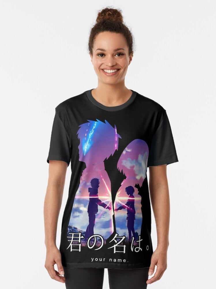 "Your Name" anime-inspired graphic t-shirt with Japanese characters and icons - Women