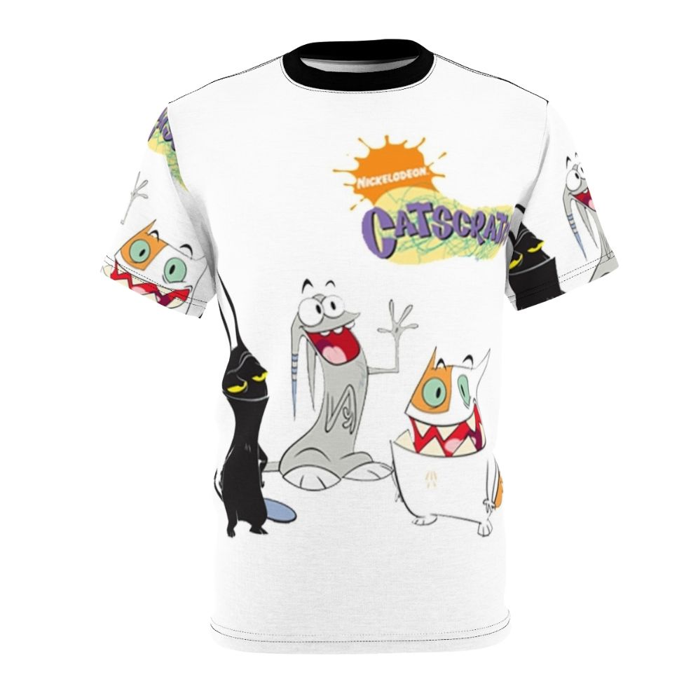 Catchy Cartoon Scratch Parody T-Shirt featuring a cat, waffle, and Mr. Black