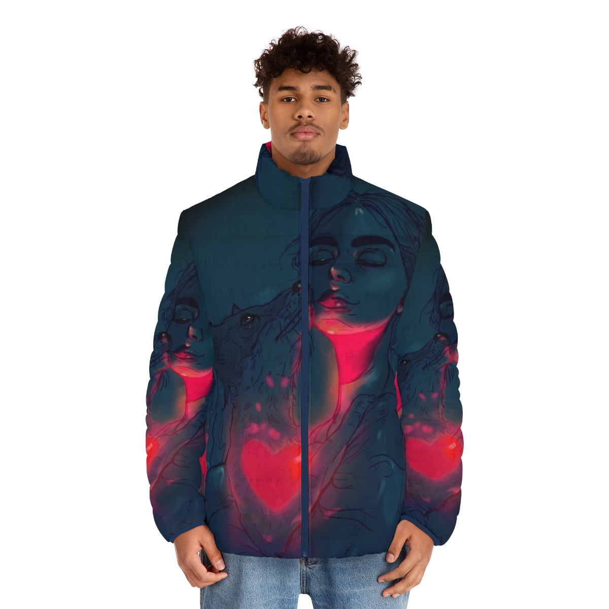 Glowstick Party Puffer Jacket with Vibrant Blue and Black Swirling Lights - men front