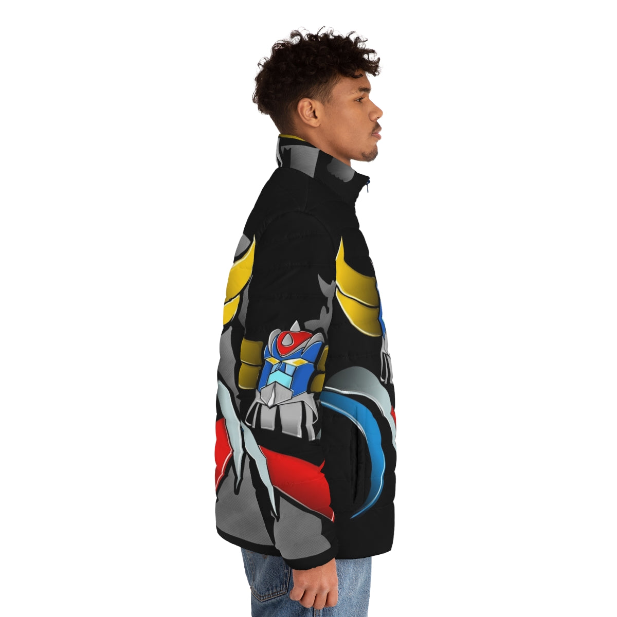 Vintage Goldorak Grendizer Puffer Jacket featuring retro anime mecha design - men side right