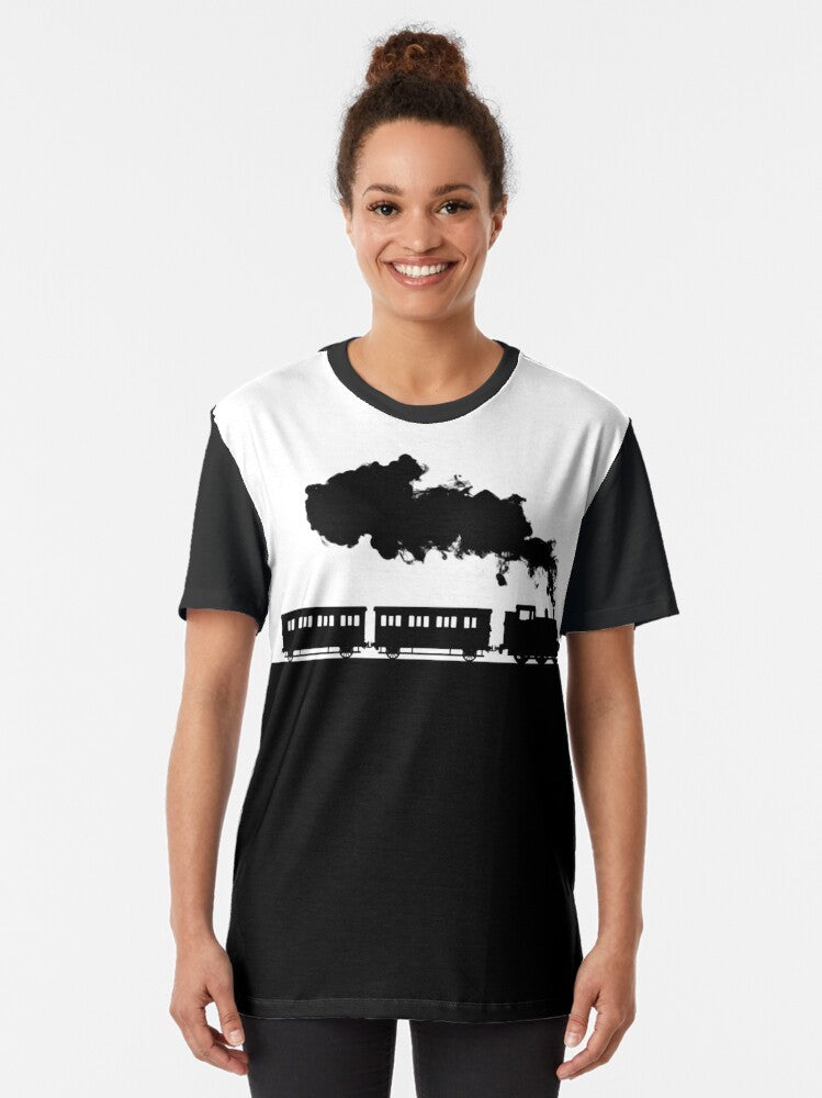 Graphic t-shirt featuring silhouettes of Thomas the Tank Engine, Annie, and Clarabel from the classic British children's series - Women