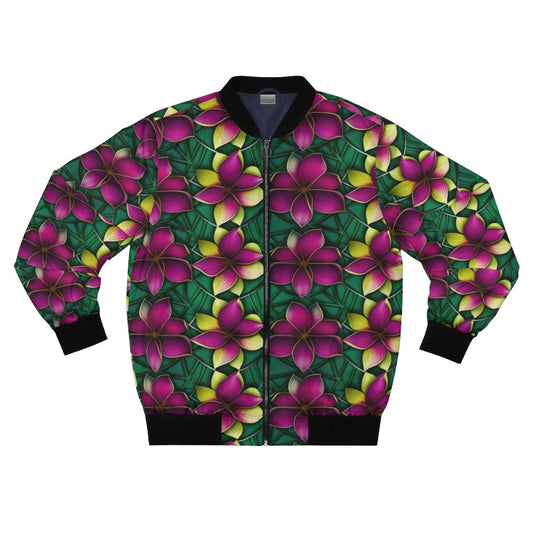 Colorful plumeria flower print on a vibrant bomber jacket