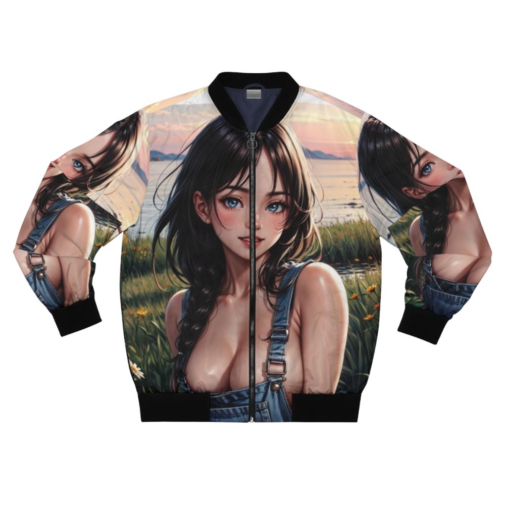 Anime pin-up girl Syun Kamakado 047 wearing a bomber jacket and picking wildflowers