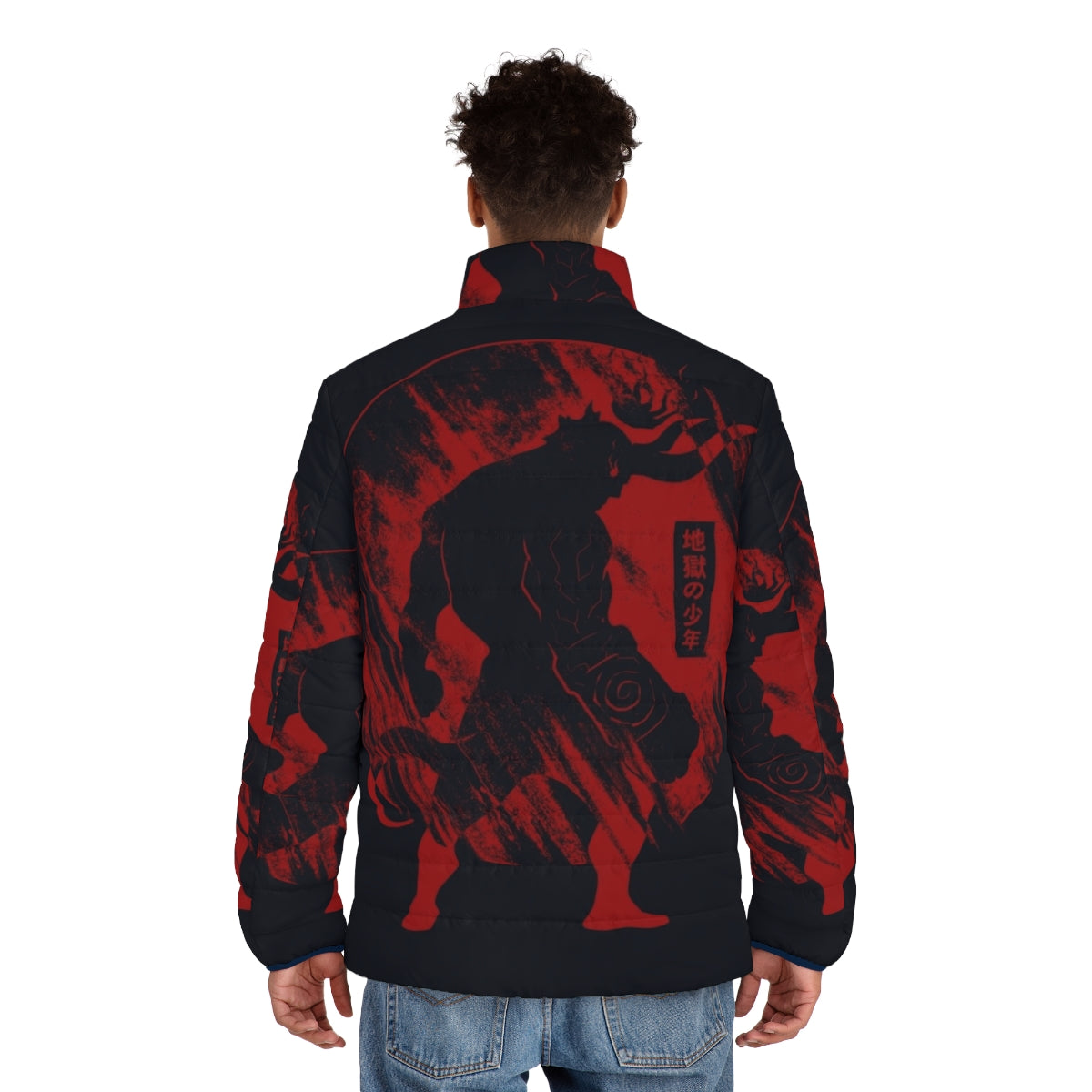 Hellboy inspired puffer jacket with a bold red and black design - men back