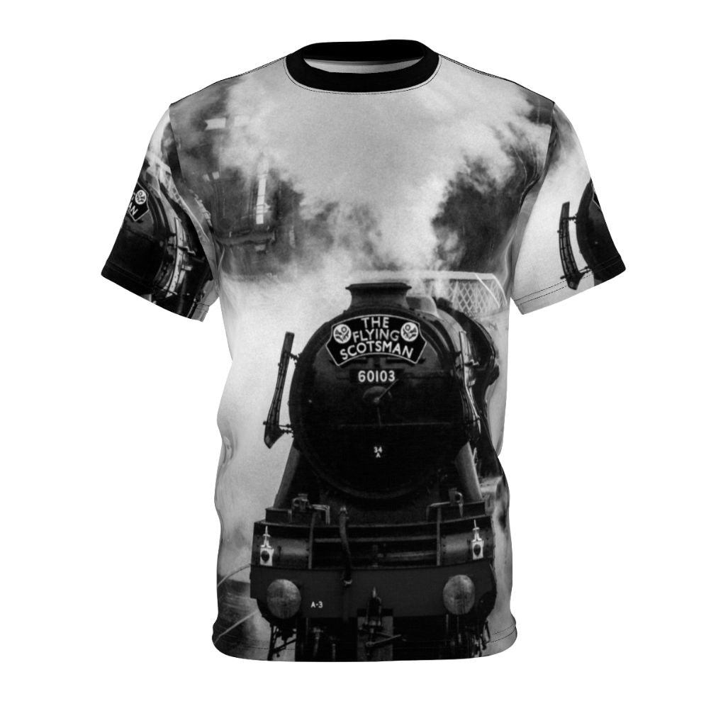 Vintage image of the iconic Flying Scotsman steam locomotive on a high-quality t-shirt