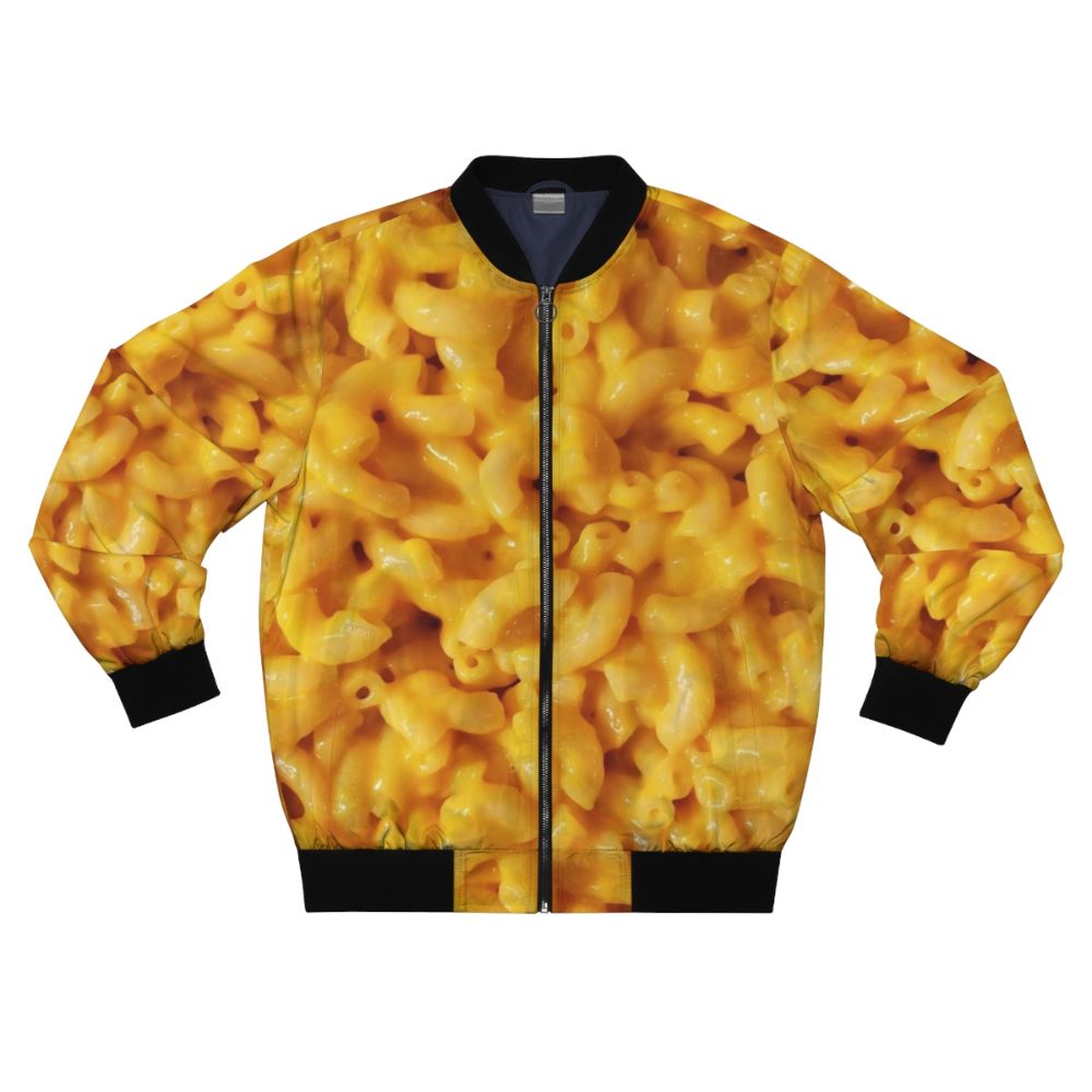 A bomber jacket featuring a graphic design of macaroni and cheese, perfect for food lovers.