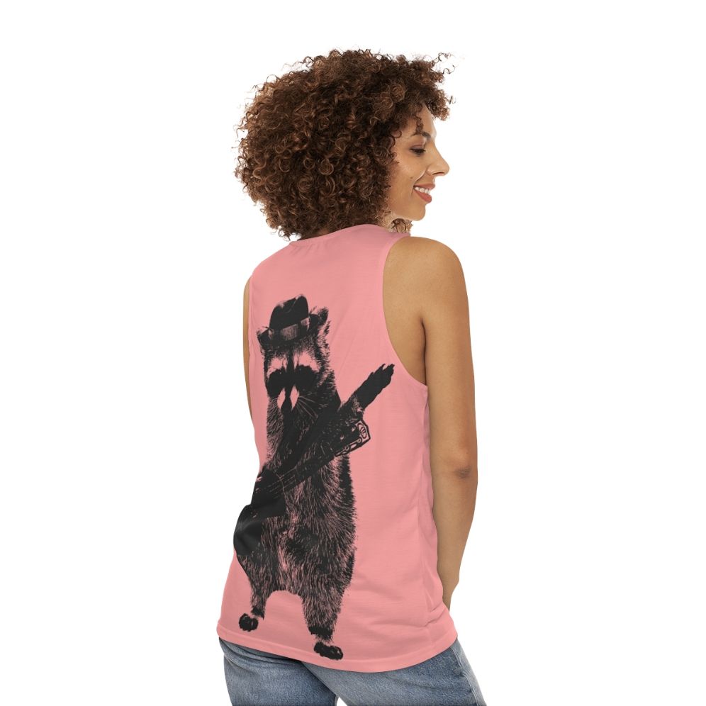 Raccoon wielding ukulele graphic on unisex tank top - women back