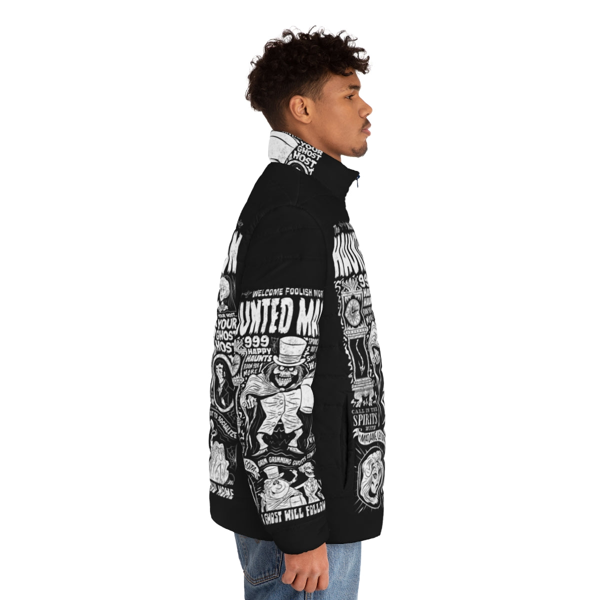 Haunted Mansion Spookshow Puffer Jacket - Halloween Gothic Outerwear with Focus Keyword - men side right