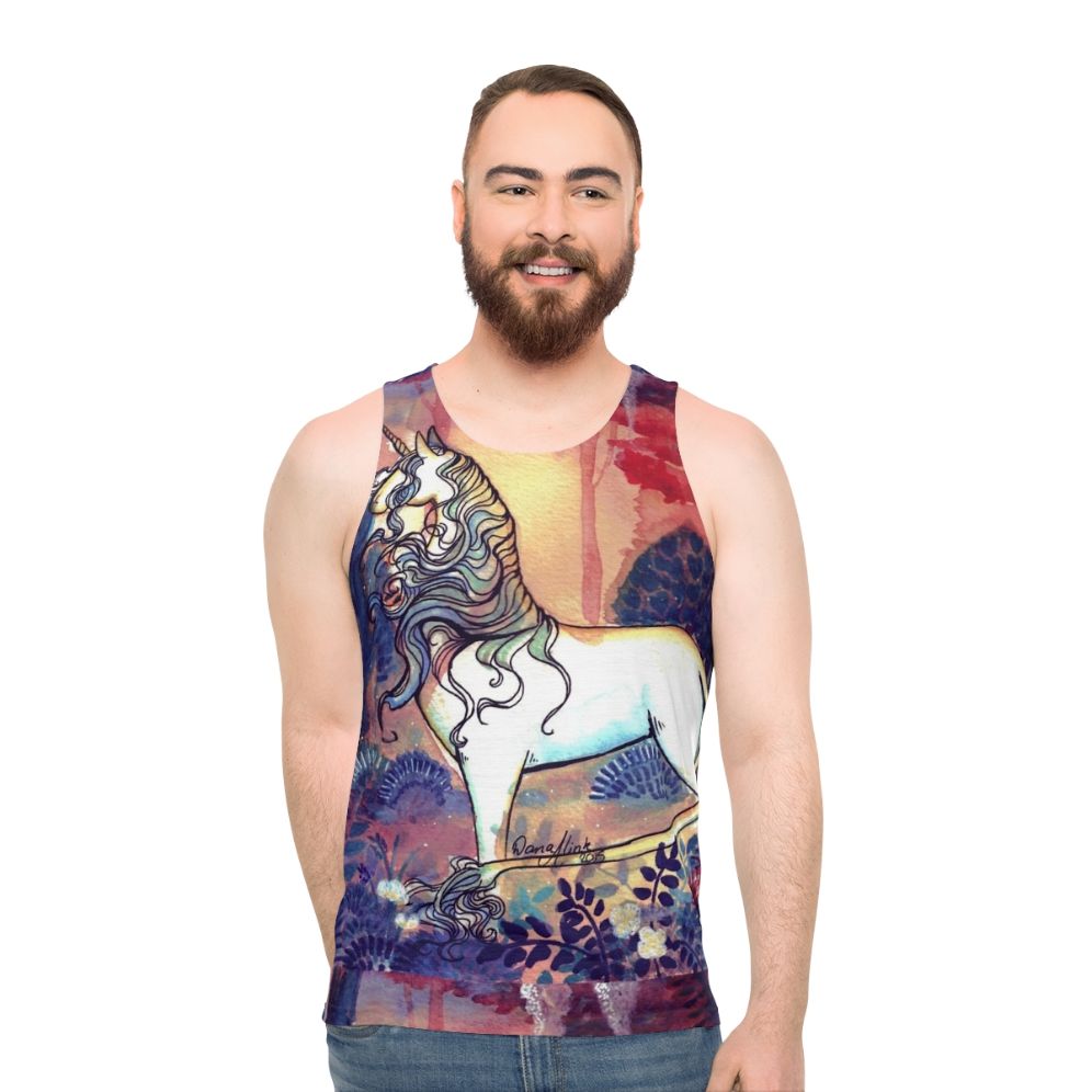 Watercolor unicorn design on a unisex tank top - men